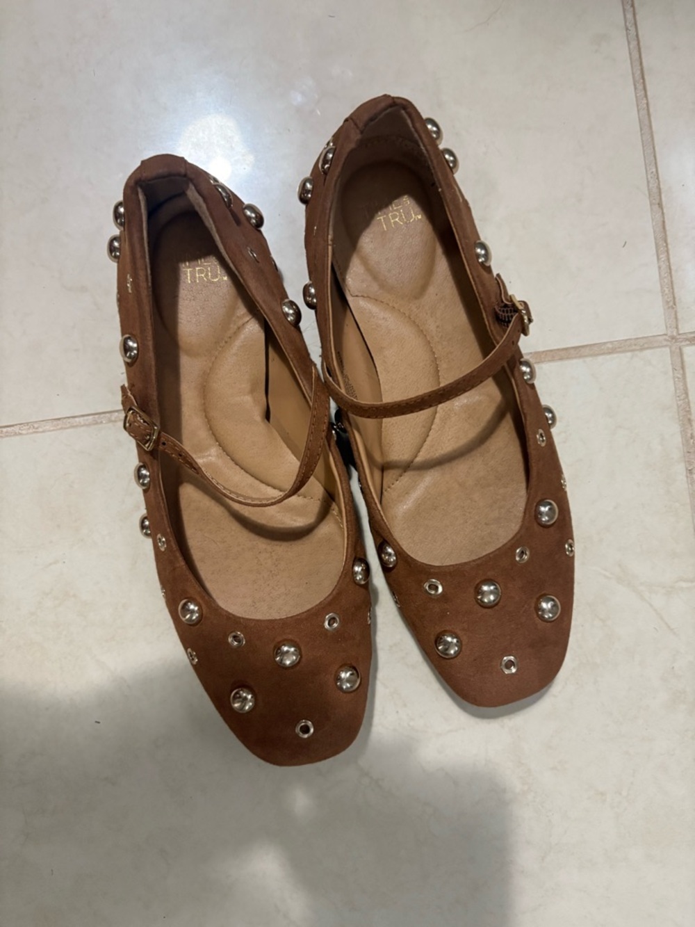 Time and Tru Brown Studded Mary Jane Flats